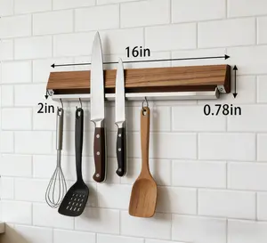 Magnetic Wooden Knife Strip with 4 Hooks - Nordic Style Wooden Knife Rack, Rustic Kitchen Storage Organizer for Knives, Utensils, Chef Tools, Space Saving Solution for Home Kitchen