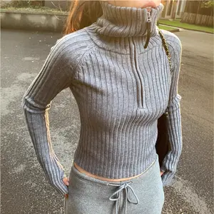 Half-open collar, stand-up collar, zippered ribbed sweater for women, autumn and winter slim-fit short waist-cinching long-sleeve knit top for women