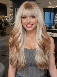 24 Inch Long Curly Synthetic Wig, Synthetic Material, Gold Highlights, Daily Wear, Party, Dinner, All Seasons, Stylish Bangs, Versatile Hairpiece