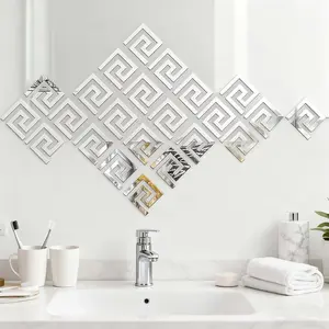 24pcs， Silver square hollow acrylic mirror sticker, self-adhesive removable seamless wall decoration, used for living room, bathroom, bathroom, bedroom background wall, home DIY waistline decoration