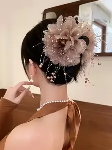 Feather Beaded Fringe Flower Hair Clip, Puffy Peony Claw Clip, Volume Shark Clips, Elegant Headpiece Hair Accessory, Hair Claws