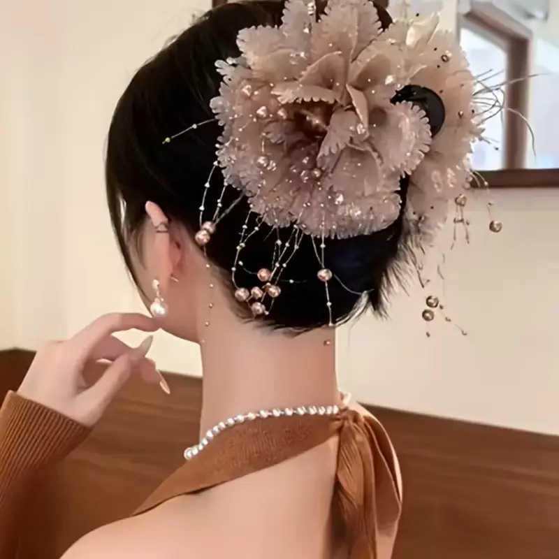 Feather Beaded Fringe Flower Hair Clip, Puffy Peony Claw Clip, Volume Shark Clips, Elegant Headpiece Hair Accessory, Hair Claws, Decorative Hair Clips