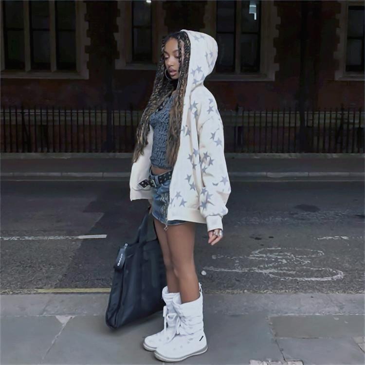 Stars Printed Zipper Hooded Cardigan Couple Fashion Outerwear Hoodies Sweatshirt Street Men Women Coat