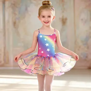 Girls Rainbow Star Ballet Tutu Dress, Spaghetti Strap Tulle Dance Leotard for Toddler Kids, Fluffy Twirl Skirt for Ballet Class Recital Birthday Party Costume