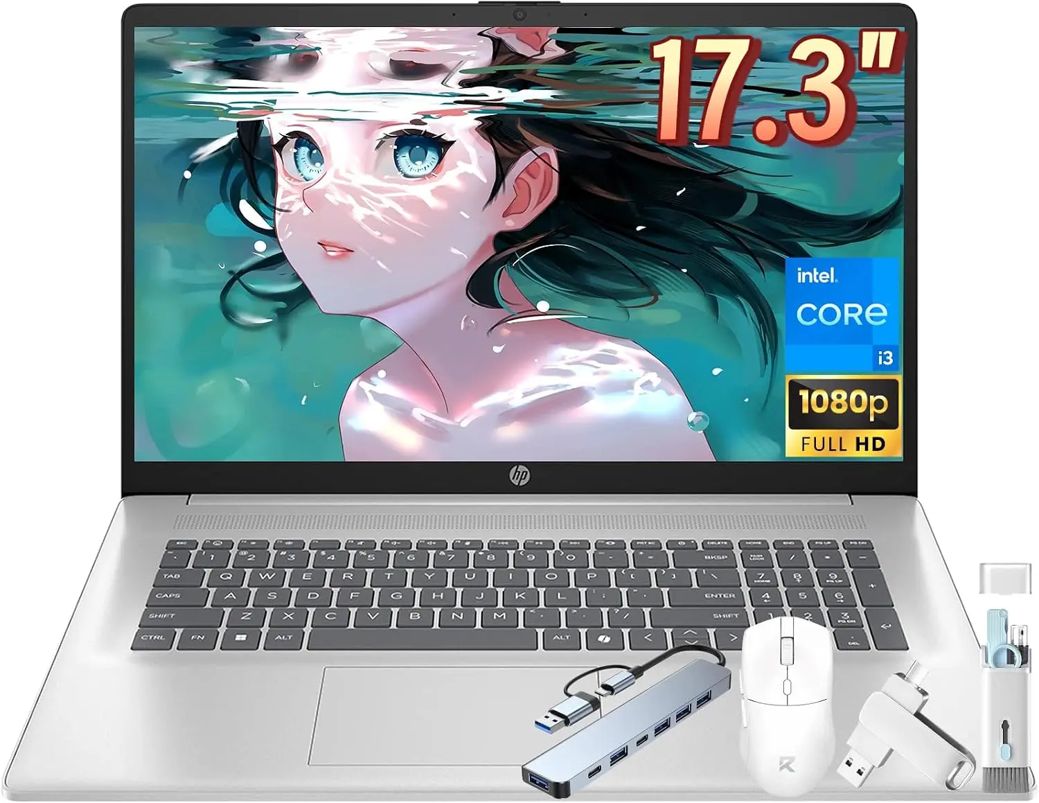 HP 17 Inch Laptop Computer for Students and Business, Intel 8-Core Processor, 17.3" FHD IPS Display, 8GB RAM, 512GB SSD, Intel UHD Graphics, Fast Charge, WiFi 6, BT 5.4, Windows 11, W/Accessories