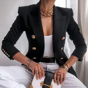 Women's Casual Blazer Jacket with Gold Buttons, Long Sleeves, and Lapel Open Front for Work and Office - Womenswear, Suit Fit Formal Coat Sophistication Outerwear Basic