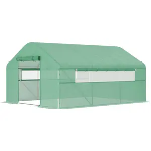 Green 13'x10'x6.5' Walk In Tunnel Hoop Greenhouse Upgraded 25mm Rust Proof Galvanized Steel Frame With Slant Brace Bars Large Roll Up Door Full Mesh Side Wall Windows 140GSM Anti Tear Grid PE Cover For Backyard All Season Vegetable Flower Growing