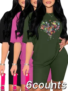 Fashionable Casual Spring Summer Autumn Women's Printed Heart Short Sleeve Top and Tight Fitting Shorts Set, Comfortable Outdoor and Home Wear, Fall outfit, Womenswear
