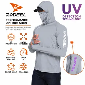【RODEEL】936 Sun Hoodie Shirts UV Detection Logo Neck Gaiter Thumbhole Men UPF 100+ Sun Protection Long Sleeve Lightweight Quick Dry Moisture Wicking Breathable Athletic Activewear for Outdoor Fishing Boating Roofing Construction Landscaping summervibes Bi