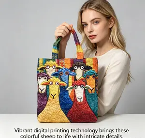 Premium Quilted Sheep Tote Bag Durable Digital Print Design for All-Day Comfort Summer Adventures Large Capacity Sheep Tote Bag 17x15.7x4" Sturdy Quilted Fabric for Mom Travel Beach Trips Unique Sheep Print Quilted Tote Bag  Lightweight, Washable Stylish