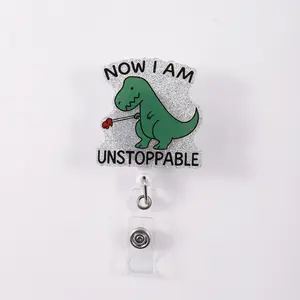 1pc Badge Reel Now I Am Unstoppable with Dinosaur Glitter, Essential Work Accessory for Motivated Professionals