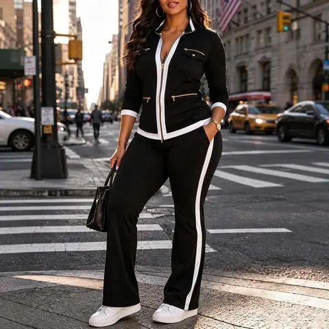 CHICME Women's 2 Pieces Outfit Two-Way Zipper Front Stand Collar Top and High Waist Straight Leg Pants Casual Tracksuit Soft