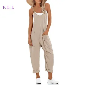 F.L.-Women's V Neck Sleeveless Jumpsuits Spaghetti Straps Harem Long Pants Overalls With Pockets