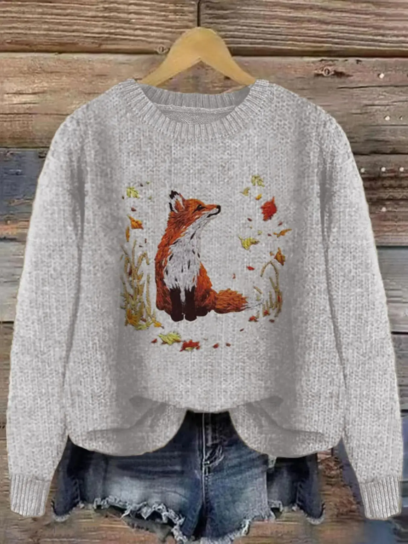 Women's Vibrant Fox & Leaf Print Drop Shoulder Baggy Sweater, Casual Long Sleeve Round Neck Jumper for Fall & Winter, Fashion Ladies' Knitwear for Daily Wear, Tops, effortless layering, chic everyday, refined casual
