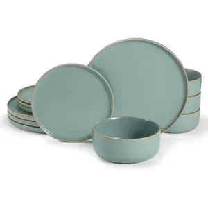 Dinnerware Set, 12 count, by , Ceramic 10.5"Dinner Plates, 8.2"Salad Plates  25 oz Soup Bowls, Stoneware, Microwave  Dishwasher Safe, 12 count Set, Sage Green, Somerset Collection