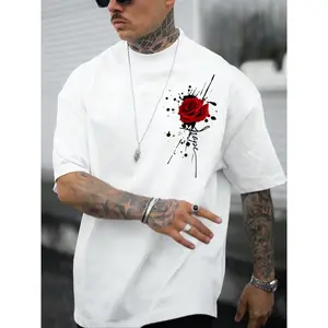 Men's Rose Print Floral Drop Shoulder Tee, Summer Clothes, Regular Fit Casual Street Half Sleeve Round Neck T-shirt For Summer, Men's Top For Daily Wear, Streetwear