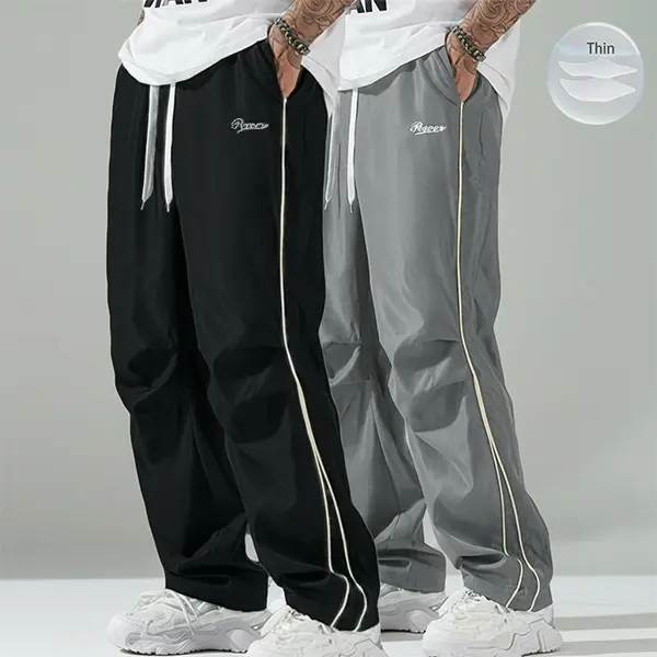 Men's 2-Pack Summer Joggers | Lightweight & Soft | Side Gold Stripes | Loose Straight Fit | Street Style / Workout / Chilled Vibe | Black / Grey & Various Colours