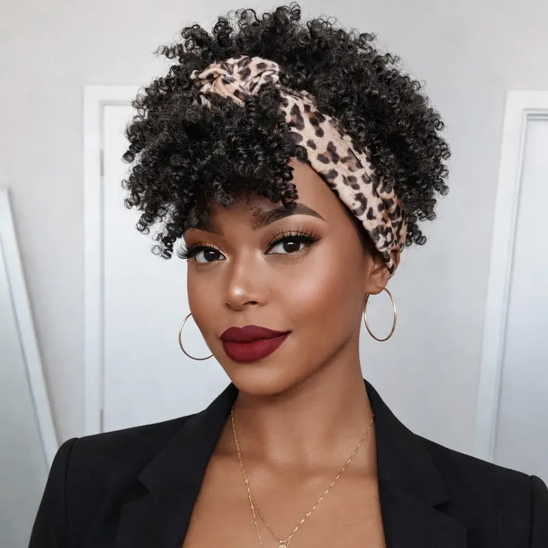 Afro Kinky Curly Headband Wig Short Black Afro Wigs for Black Women Synthetic Kinky Curly Headband Wig with Bangs for Women Natural Afro Puff with Bangs Turban Wrap Wig 4inch