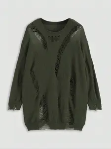 Plus Size Casual Spring & Fall Solid Color Ripped Sweater, Women's Fashion Knitwear, Comfortable Long Sleeve Pullover