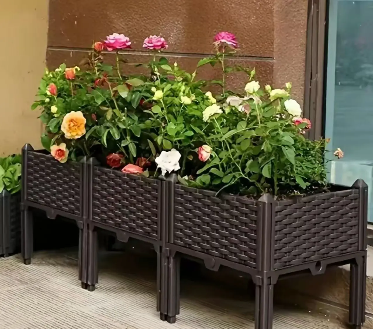 Durable Plastic Raised Bed Garden Planter Set - Elevated Rectangular Decorative Gardening-Themed Boxes with Drainage System, Raised Height, Container Gardening for Outdoor/Indoors Patios, Backyards, Christmas Use