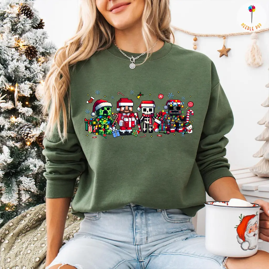 Pixel Art Christmas Sweatshirt,  Fun Holiday Sweatshirt with Minecraft-Inspired Characters, Gamer Character Christmas Sweatshirt, Perfect for Gamers and Christmas Lovers
