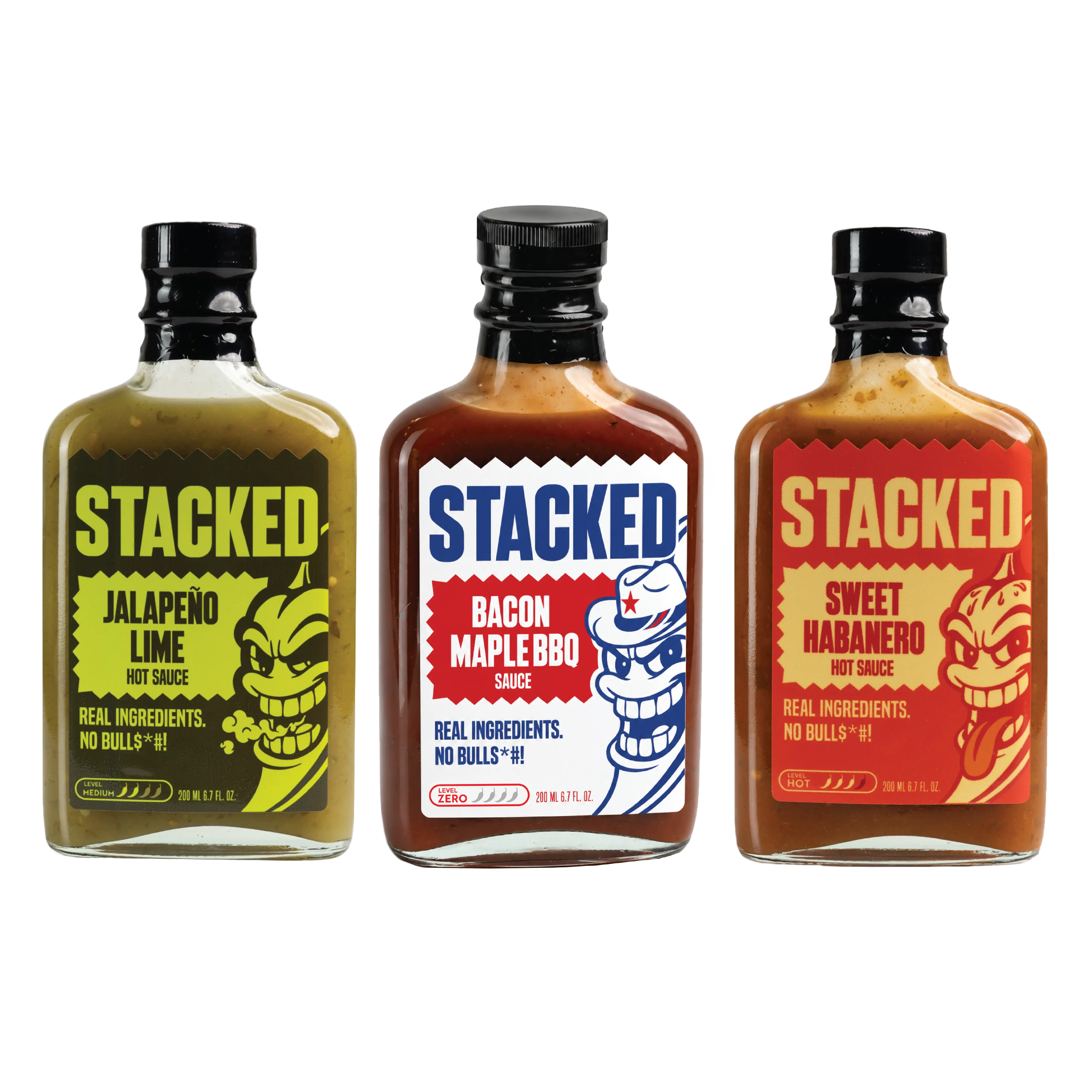 STACKED Triple Cripple | Hot Sauce 3-Pack | Maple Bacon BBQ, Sweet Habanero, Jalapeno Lime