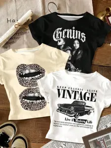 3-pack vintage printed short T-shirts for girls, featuring leopard print lips, classic cars, and hip-hop graphics, in black, off-white, and pure white vintage-style short-sleeved tops, suitable for daily party wear by girls aged 8-12