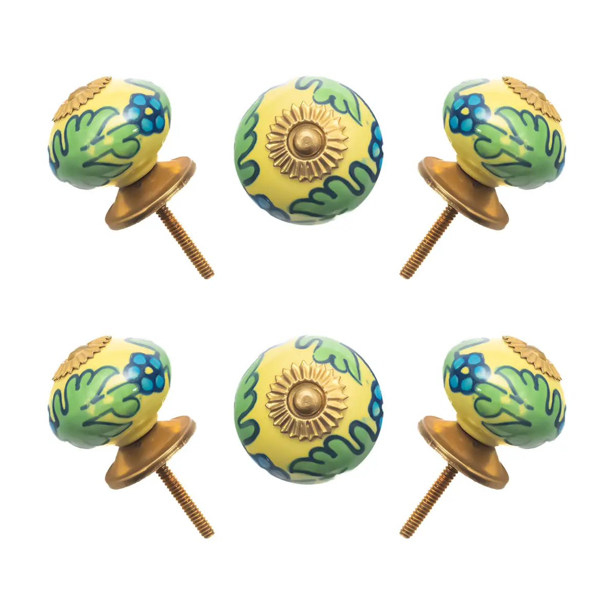 Vibrant Yellow & Green Floral Ceramic Cabinet Knobs (Pack of 6) - Hand-Painted & Easy Install for Dressers & Drawers by CDNY