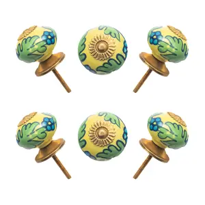 Vibrant Yellow & Green Floral Ceramic Cabinet Knobs (Pack of 6) - Hand-Painted & Easy Install for Dressers & Drawers by CDNY