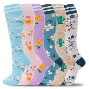 Floral Print Compression Socks - 6 Pairs (15-20 mmHg) for Women | Comfortable, Durable, Breathable Support Socks for Everyday, Running, Travel & Nurses | Cute Flower Print Knee High Socks, Mother's Day Gifts outdoorfun