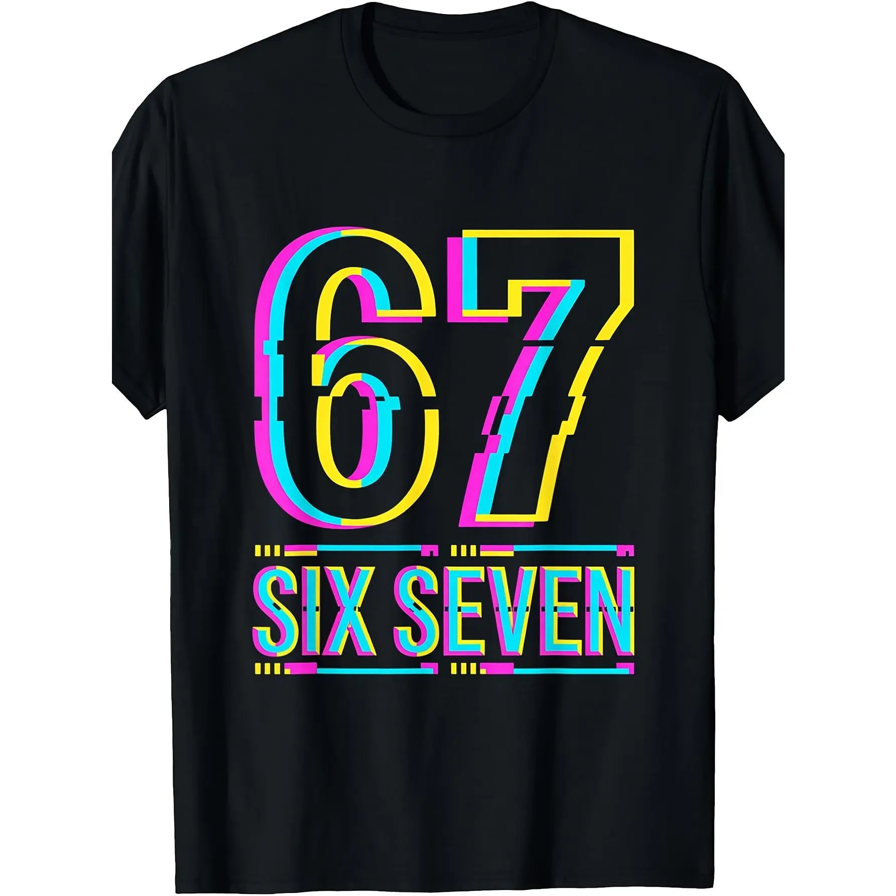 Women's Neon 67 Number Meme Short-Sleeve Round-Neck Tee - 6 & 7 Print, 6977 Text, Comfort Fit, 80s Retro Geometric Streetwear Black Top for Parties, Shortsleeve Casual Fitted