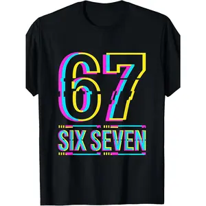 Women's Neon 67 Number Meme T-Shirt 6 & 7 Print Short Sleeve Crew Neck Tee with 6977 Text Comfort Fit Casual Shirt for Parties 80s Retro Style Black Top Womenswear Geometric Streetwear Fitted Tshirt