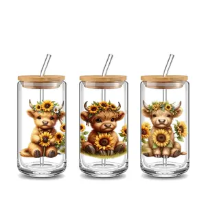 Sunflower Highland Cow Pattern Glass Tumbler, 16oz Glass Drinking Cup with Lid & Straw, Reusable Glass Cup, Glass Water Cup, Drinkware for Home Office, Bottles
