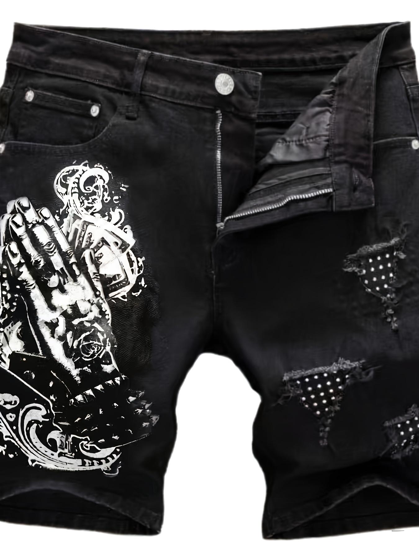 Men’s summer straight-leg black printed distressed ripped denim shorts — European/American fashion trend