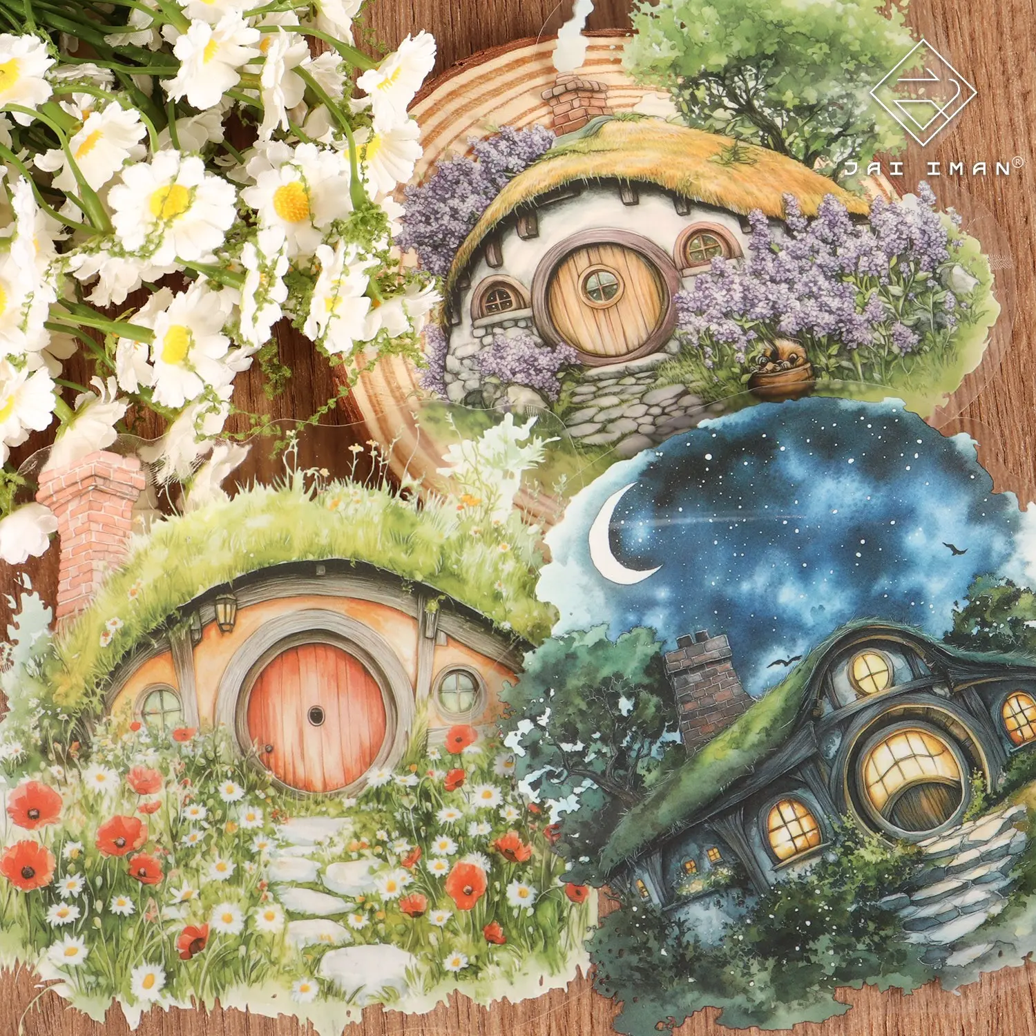JAIIMAN 24sheets(5.51*5.51in) Die-cut PET Transparent Large Fairy Cottage Garden Scene Self-adhesive Scrapbook Sticker, Scrapbook Accessories, Mushroom House Background Pad Decals, for DIY Landscape Creation, Junk Journals, Scrapbooking Supplies