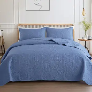 Soft  Quilt Bedding Set for All Seasons,  Damask  Full Size Quilts Set, Lightweight Reversible Bedspread, Coverlet, Bed Cover with 2 Pillow Shams, Bluish Grey