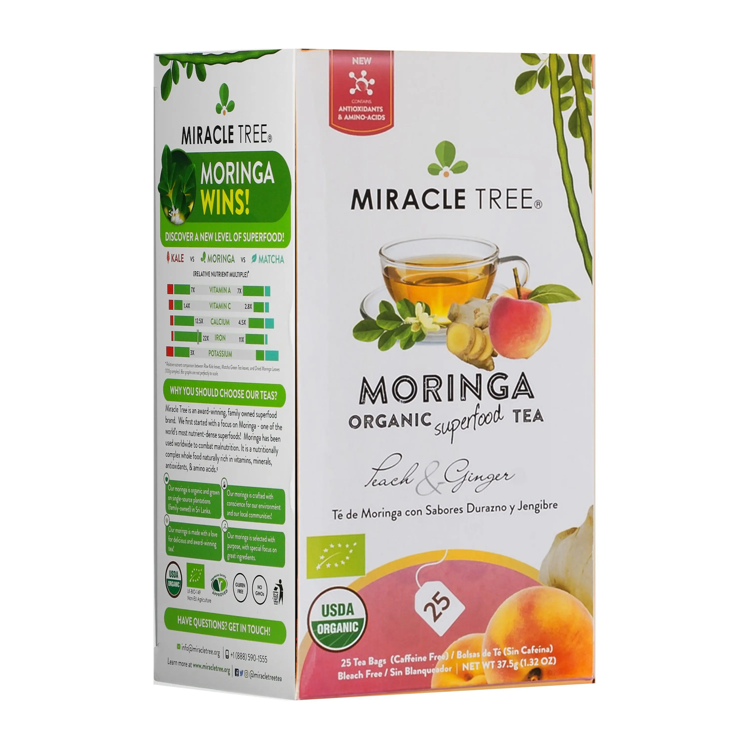 Miracle Tree Organic Moringa Tea Peach & Ginger Caffeine-Free Herbal Tea USDA Certified Organic Nutrient-Rich Sweet Spice Beverage