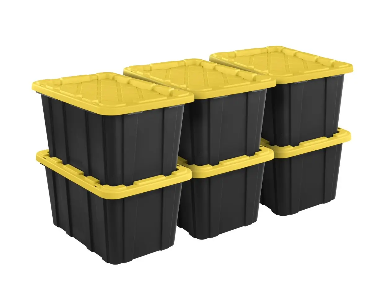 Large Storage Bin, 27 Gallon Durable Plastic Storage Tote with Snap-On Lid, Black and Yellow, 6 Pack