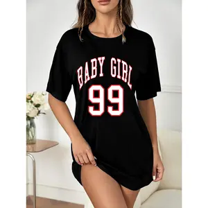 Comfy 'Youngsters Girl' Print Nightgown - Casual Round Neck, Short Sleeve Sleep Dress in Black, Soft Polyester & Spandex Blend, Machine Washable for All-Season Comfort