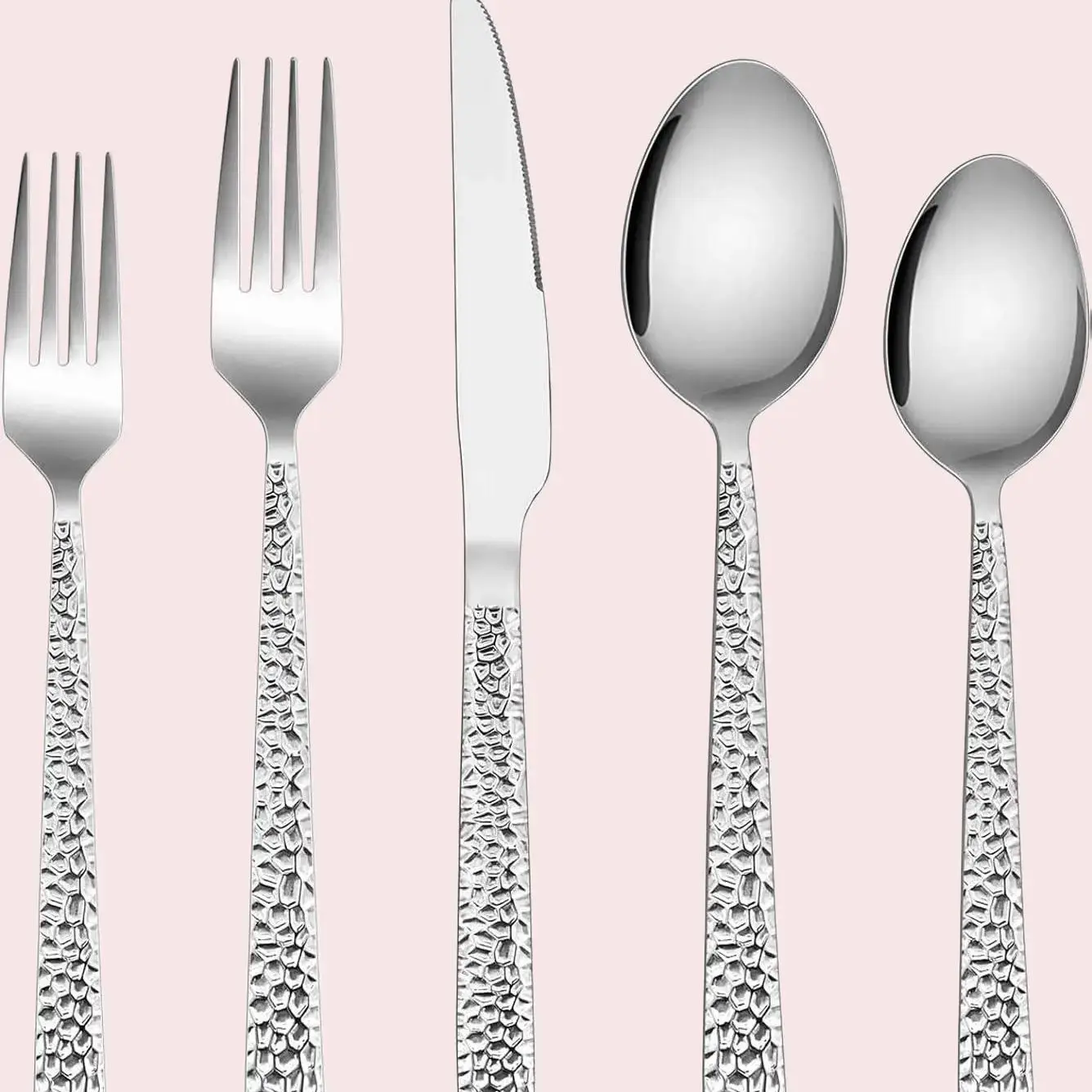 E-far Hammered Silverware Set, 40-Piece Stainless Steel Square Flatware Set for 8, Metal Tableware Cutlery Set Includes Dinner Knives/Forks/Spoons, Modern Design & Mirror Polished - Dishwasher Safe