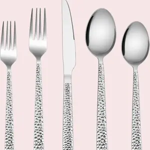 E-far Hammered Silverware Set, 40-Piece Stainless Steel Square Flatware Set for 8, Metal Tableware Cutlery Set Includes Dinner Knives/Forks/Spoons, Modern Design & Mirror Polished - Dishwasher Safe