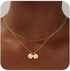 Initial Necklaces for Women, Dainty 14K Gold Plated Layered Two Letter A-Z Stack Disc Initial Necklace Trendy Personalized Birthday Friendship Gifts for Women Girls Jewelry