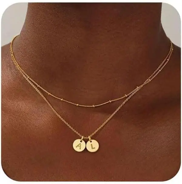 Initial Necklaces for Women, Dainty 14K Gold Plated Layered Two Letter A-Z Stack Disc Initial Necklace Trendy Personalized Birthday Friendship Gifts for Women Girls Jewelry