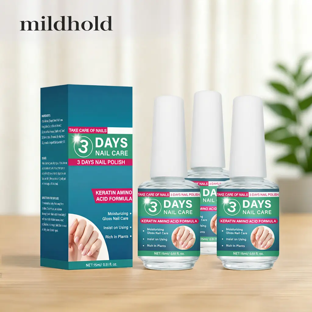 Mildhold 3-Bottle Keratin-Infused Nail Strengthener Liquid with Aloe Extract, 15ml Travel-Size Natural Complete Nail Care for Sensitive Delicate Skin, Youth-Focused DIY At-Home Manicure Nourishing Glossy Blend