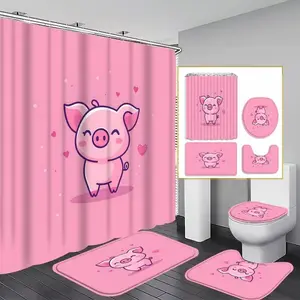 1/4-piece set: Cute bathroom shower curtain and mat set with heart and pig designs, includes 12 hooks, non-slip bathroom mat, non-slip toilet U-shaped mat, toilet seat cover, bathroom partition, modern home decor, Shower Curtain Sets