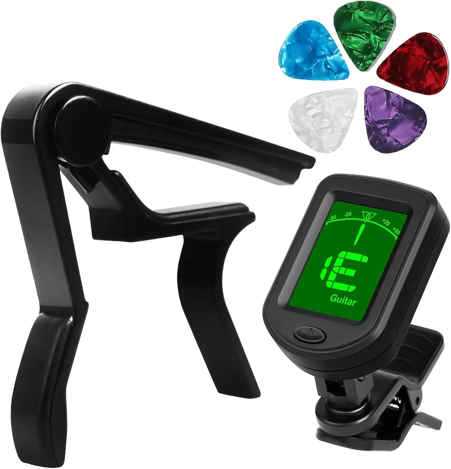 Halloween Fall Gift Guitar Accessory Kit, Clip-On Tuner, Guitar Capo with 5 Picks(Black) | Guitar Tuner 360°Rotatable,Fast Precise & Clear Display,Quick-Release Capo for Acoustic Guitar,Bass, Ukulele,Violin No Buzz