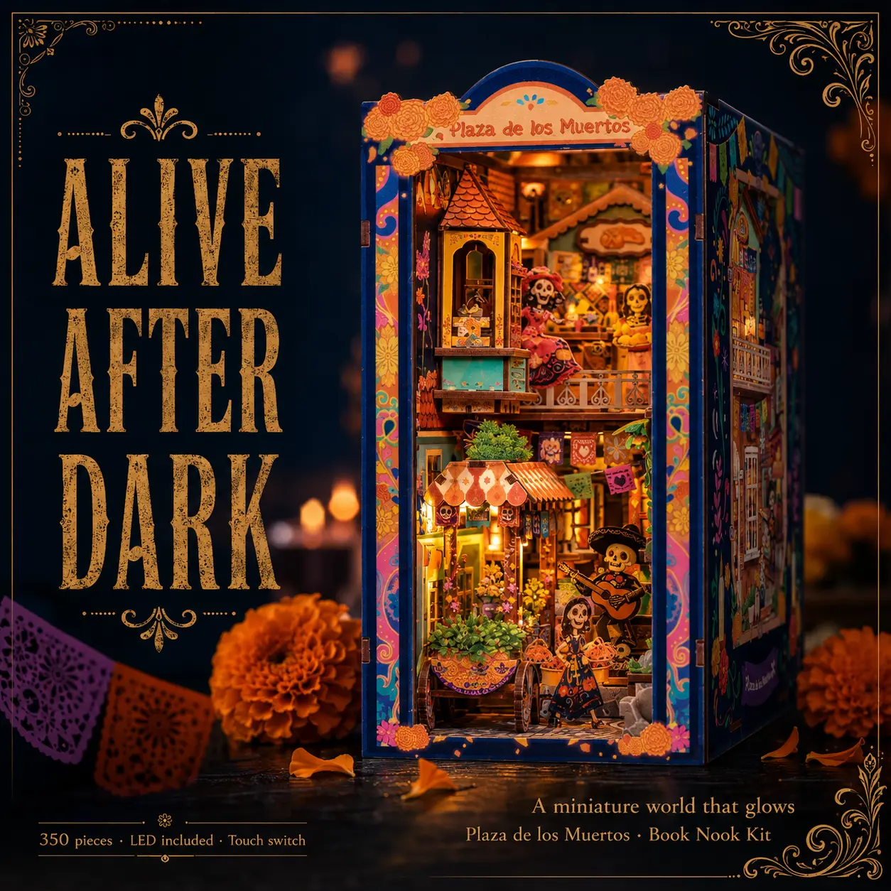 CUTEBEE Book Nook Kit - Day of the Dead DIY Miniature Dollhouse, Plaza de los Muertos 3D Wooden Art Puzzles Gift, Bookshelf Insert Decor with LED Light & Dust Cover, Halloween Gift for Adults