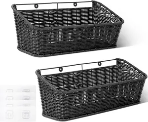 Wicker Hanging Basket, 2 Pack Wall Basket for Kitchen, Fruit and Vegetable Storage Cabinet, Pantry Storage Spice Organization for Cabinet, Adhesive Shelf for Bathroom, Black