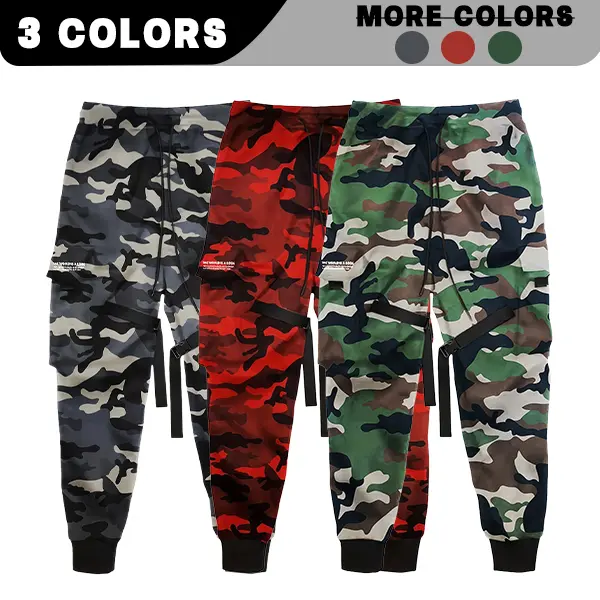 Men’s hip-hop camouflage cargo jogger pants featuring ribbon decoration, multiple side pockets, and a relaxed fit with elastic cuffs; comfortable street-style long pants suitable for urban fashion, sports, and everyday casual wear; available in three colo