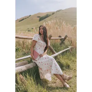 EXCLUSIVE Cottage Garden Dress - Boho Floral Print Short Puff Sleeves Ruched Bust Drawstring Neckline with Tied Bow Summer Garden Party Midi Length XS-6XL